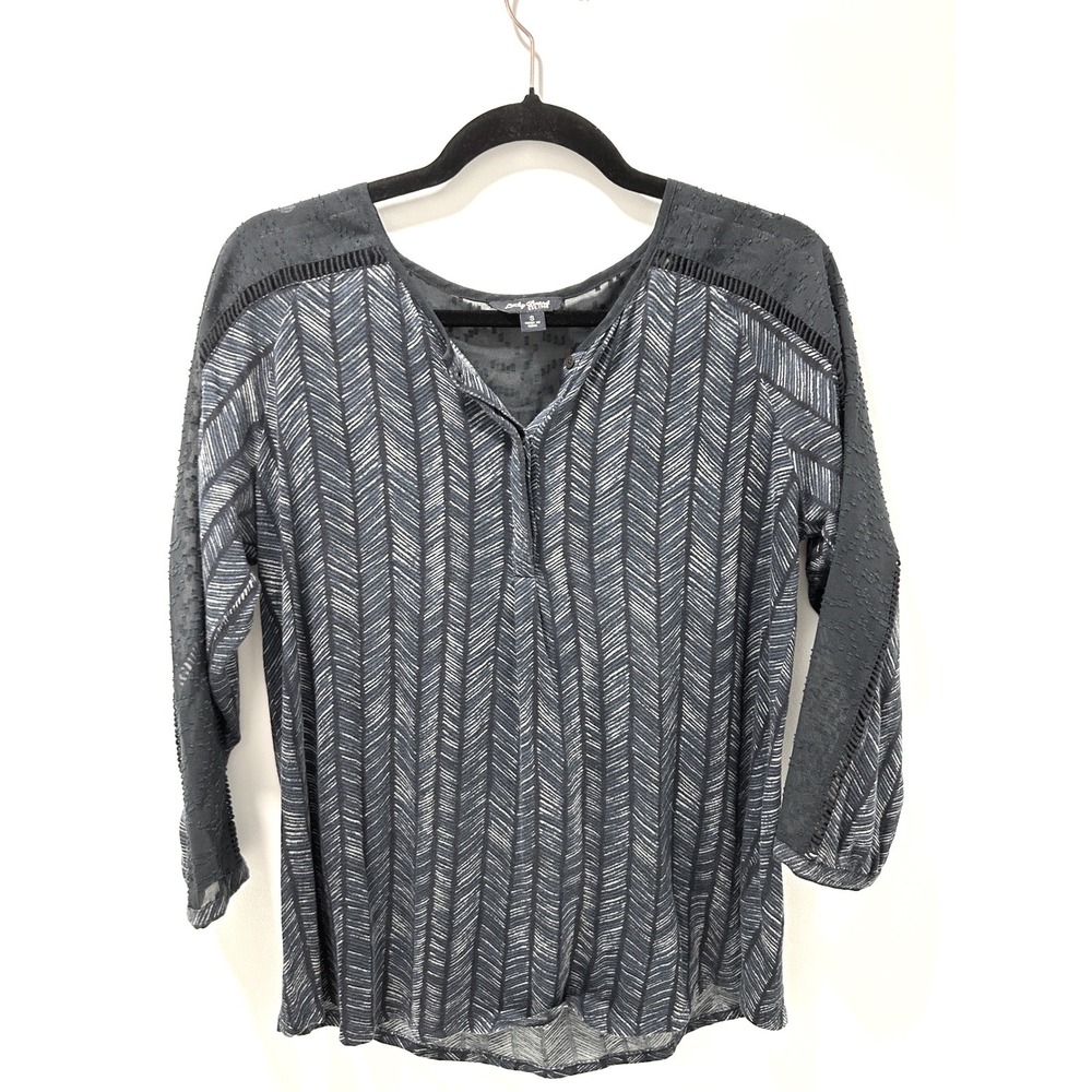 Lucky Brand Navy Blue Herringbone Mixed Media Henley Top Womens Small Boho